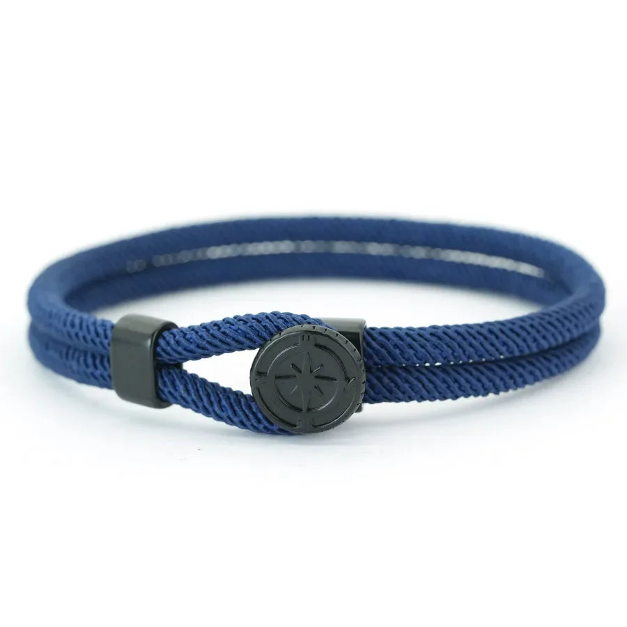 Pulsera de Cuerda con Brújula Negra Rosa de los Vientos azul marino