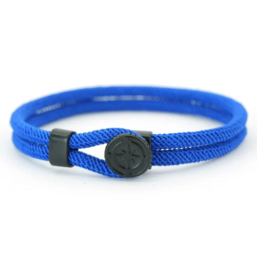 Pulsera de Cuerda con Brújula Negra Rosa de los Vientos azul rey