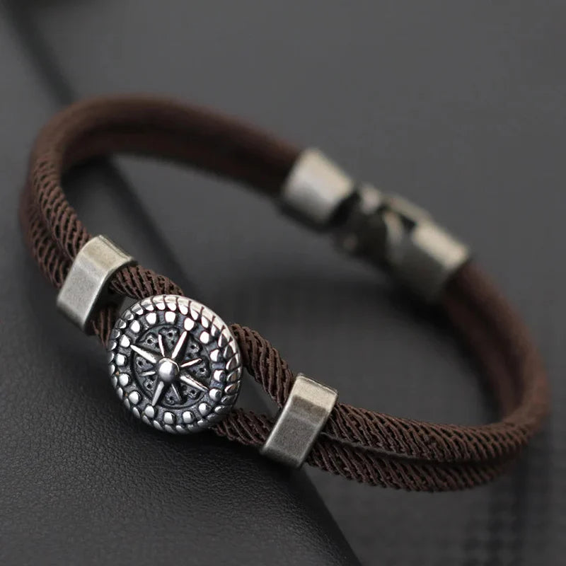 Pulsera de Cuerda con Brújula Rosa de los Vientos marrón