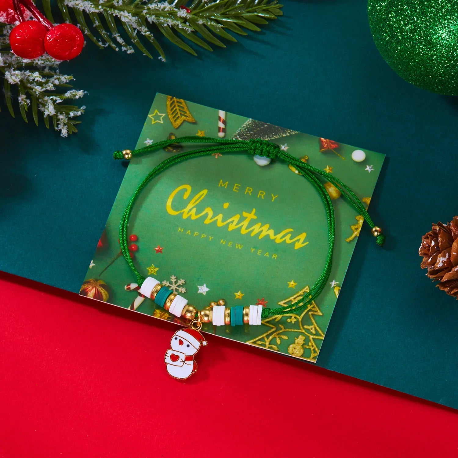 Pulsera de Cuerda con Colgante de Navidad muñeco de nieve verde