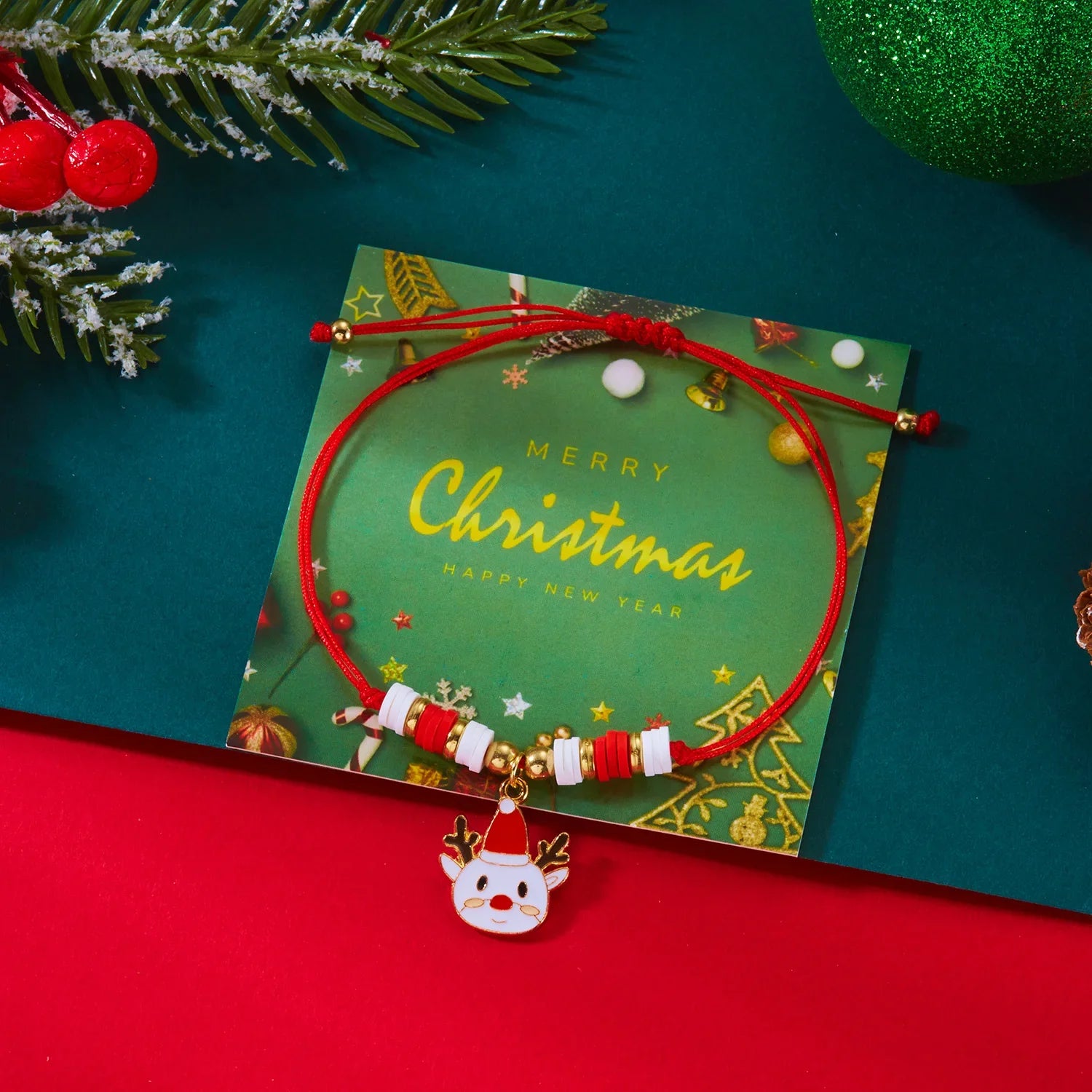 Pulsera de Cuerda con Colgante de Navidad reno rojo