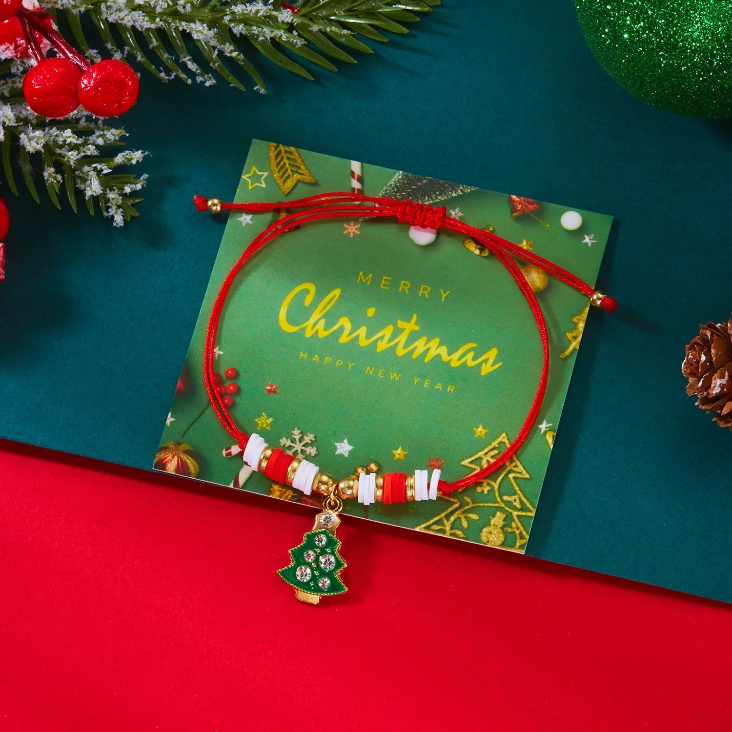 Pulsera de Cuerda con Colgante de Navidad árbol y bolas rojo