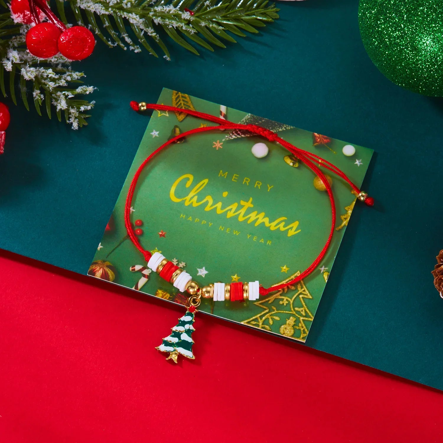 Pulsera de Cuerda con Colgante de Navidad árbol rojo
