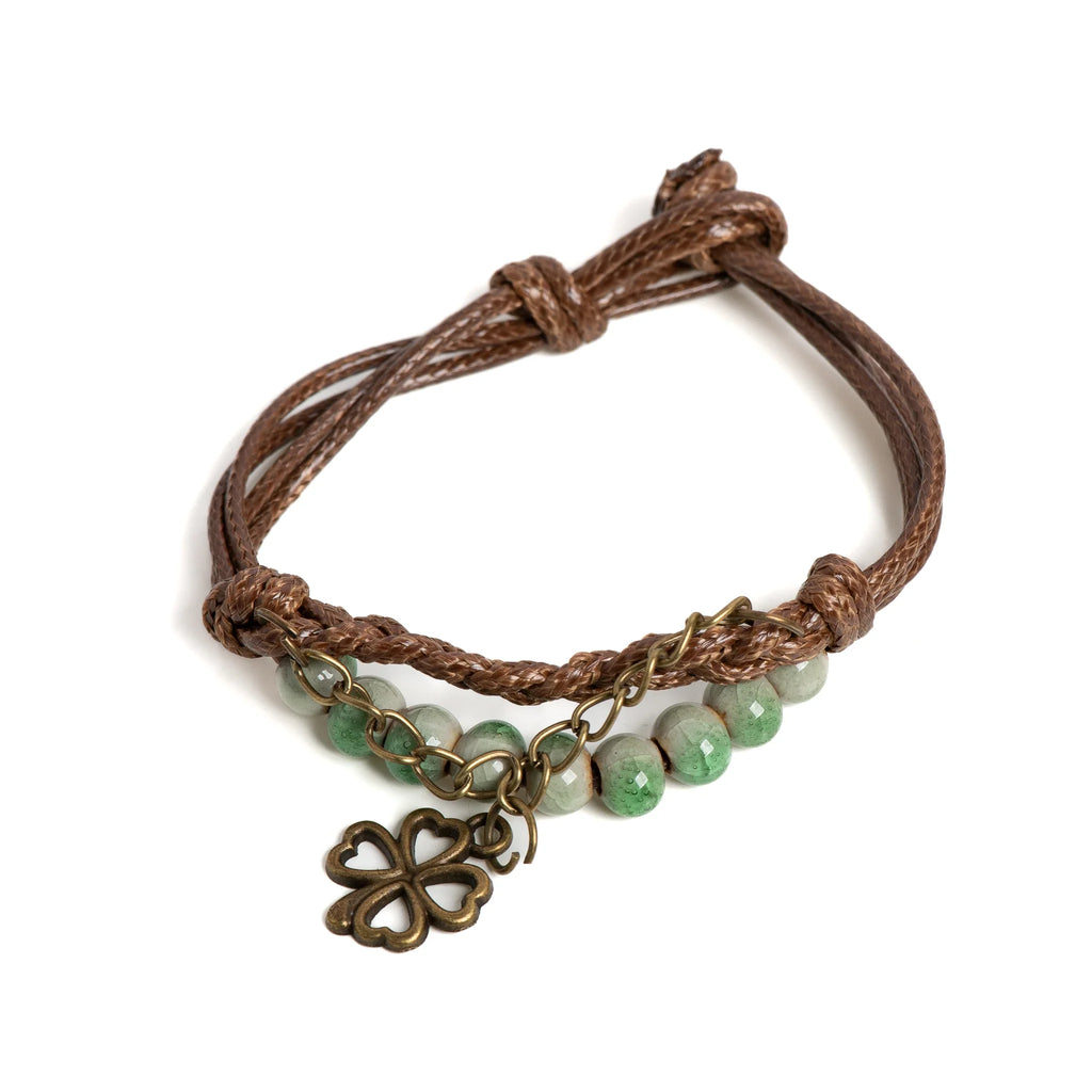Pulsera de Cuerda con Trébol de 4 Hojas y Perlas verdes