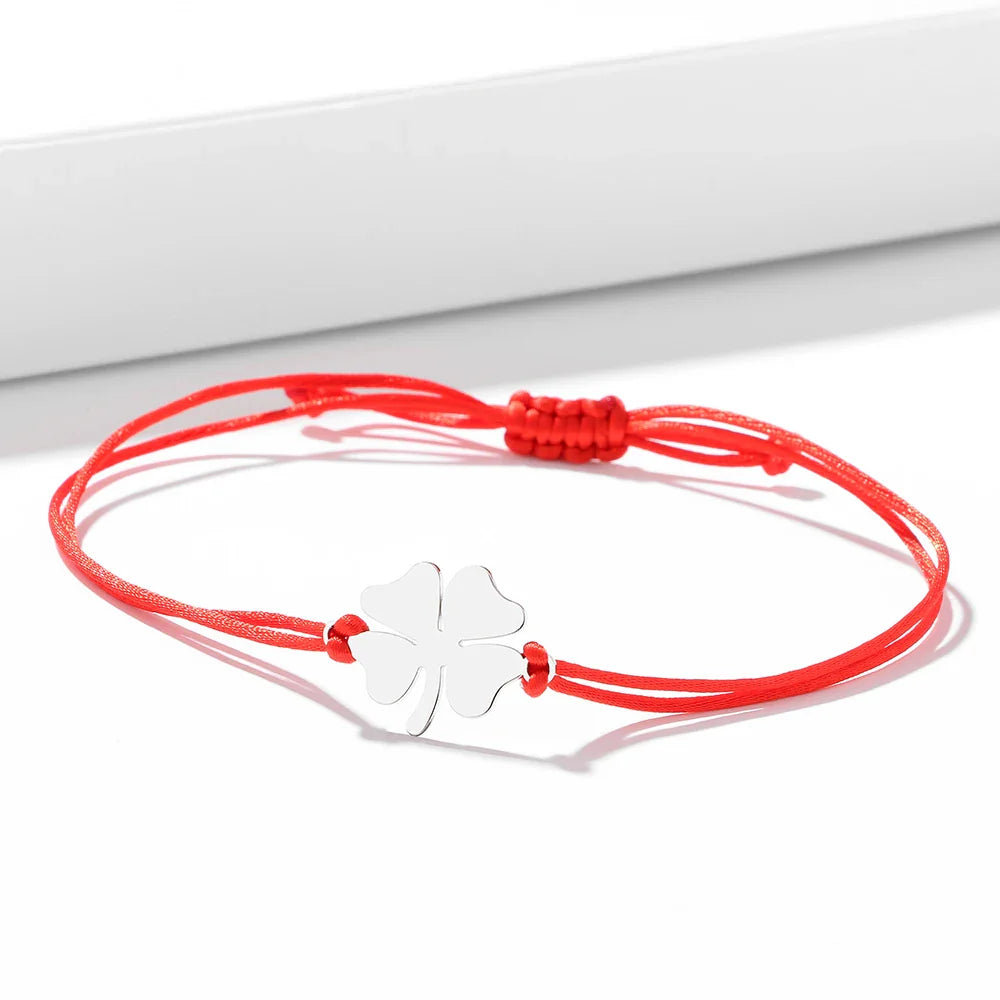 Pulsera de Cuerda con Trébol de 4 Hojas Amuleto de la Suerte rojo y plata