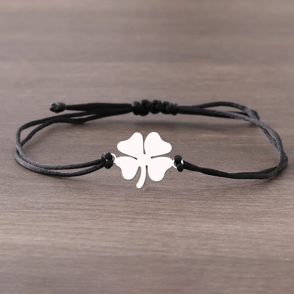 Pulsera de Cuerda con Trébol de 4 Hojas Amuleto de la Suerte negro y plata