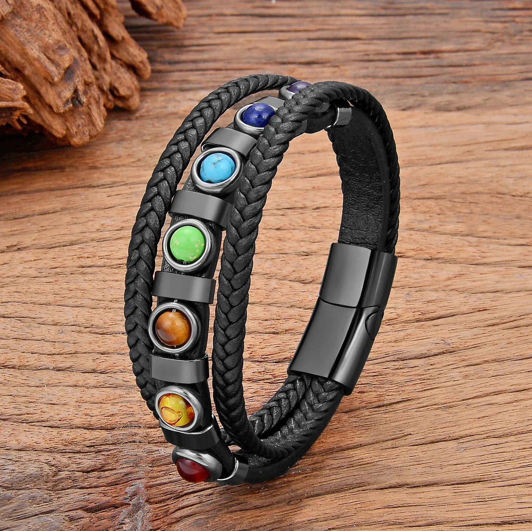 Pulsera de Cuero 7 Chakras Hombre negro