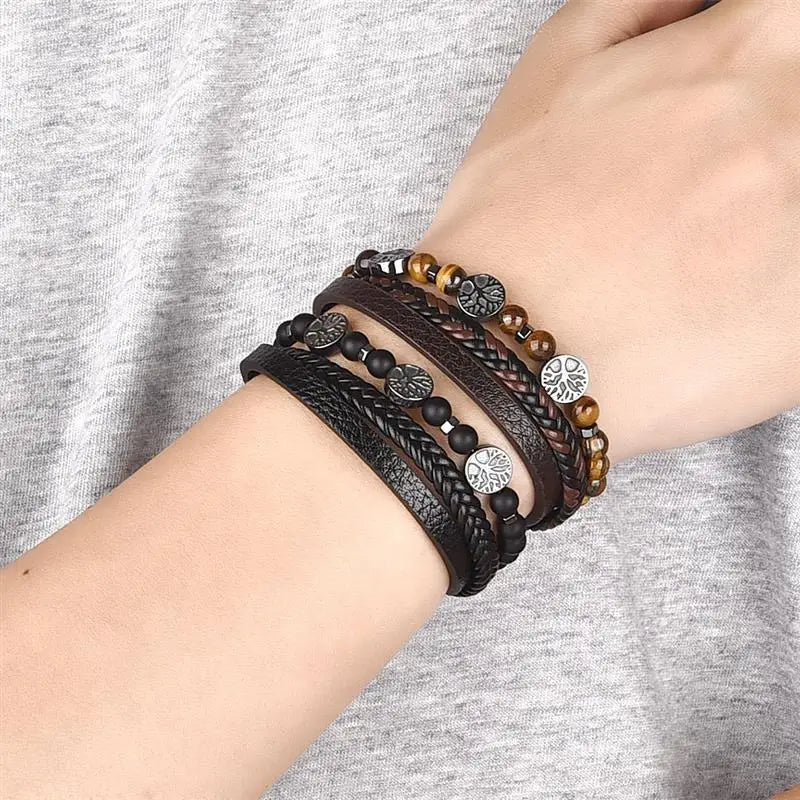 Pulsera de Cuero Árbol de la Vida Perlas Hombre