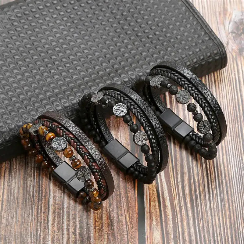 Pulsera de Cuero Árbol de la Vida Perlas Hombre