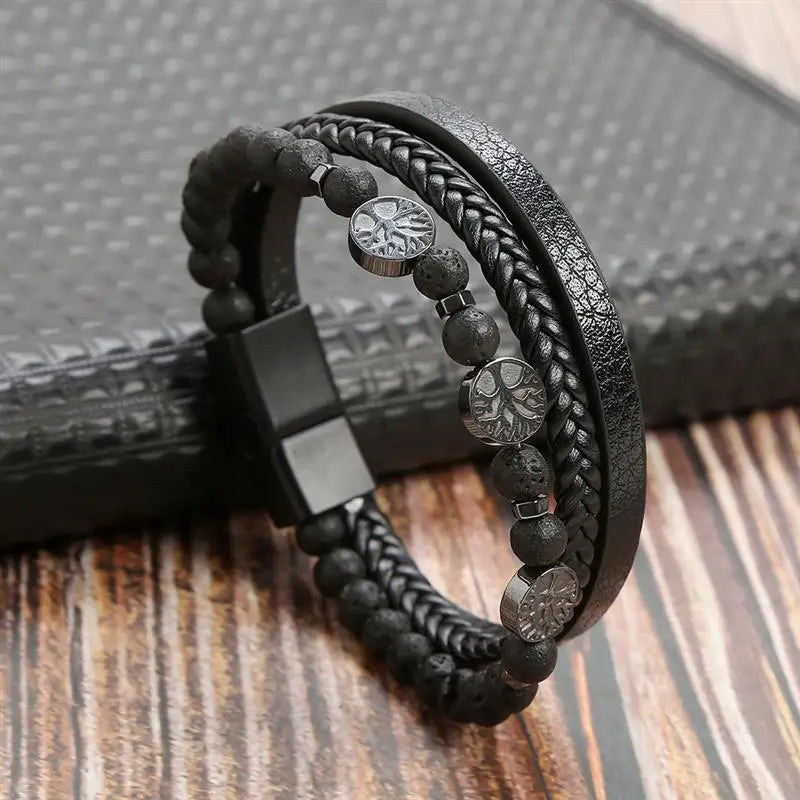 Pulsera de Cuero Árbol de la Vida Perlas Hombre
