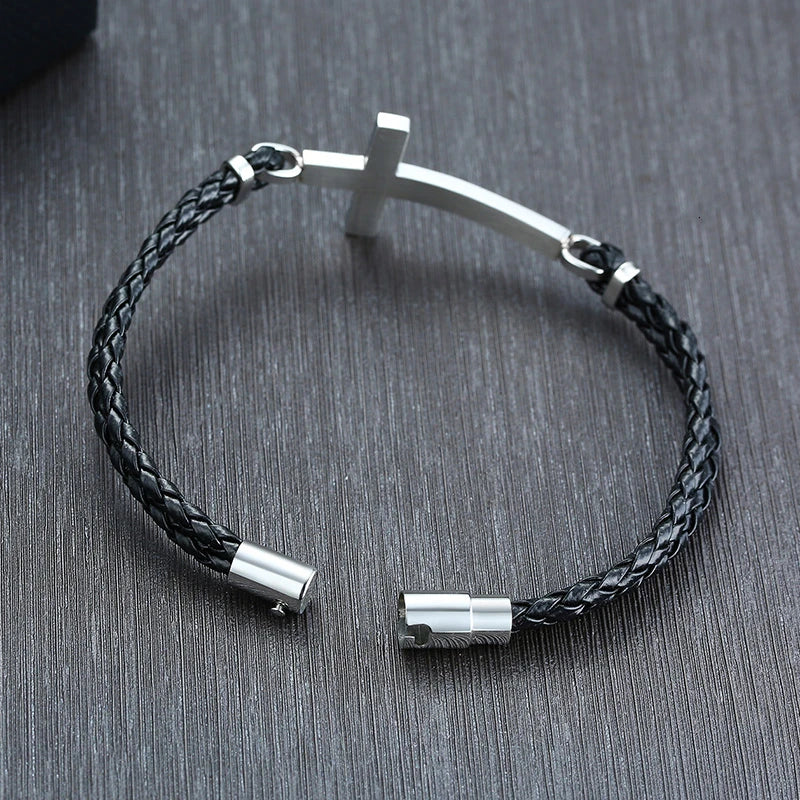 Pulsera de Cuero con Cruz Cristiana