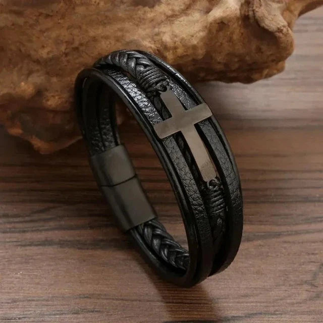 Pulsera de Cuero con Cruz para Hombre