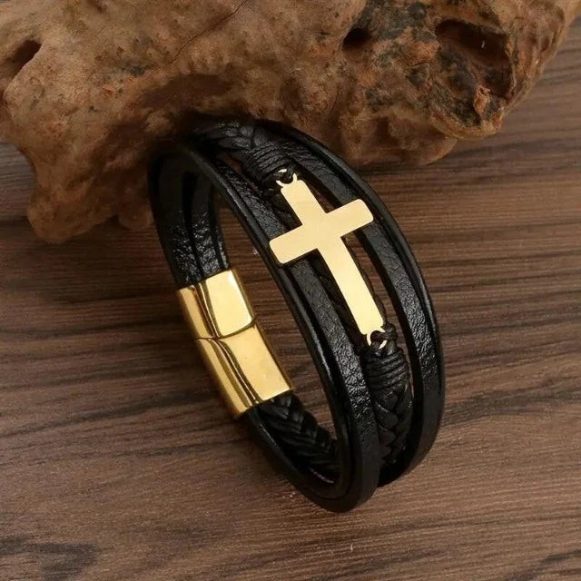 Pulsera de Cuero con Cruz para Hombre
