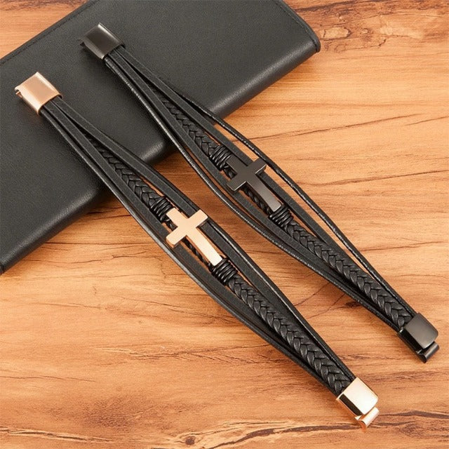Pulsera de Cuero Cruz para Hombre