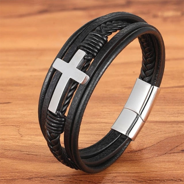 Pulsera de Cuero Cruz para Hombre