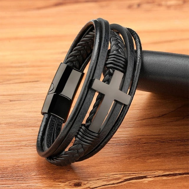 Pulsera de Cuero Cruz para Hombre