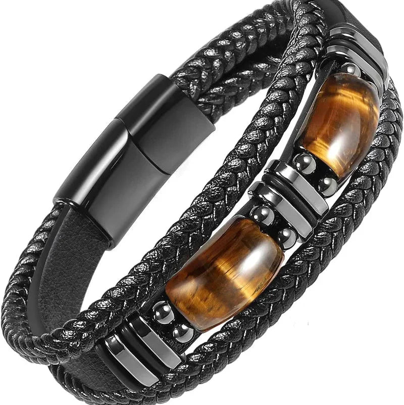 Pulsera de Cuero y Piedras Ojo de Tigre