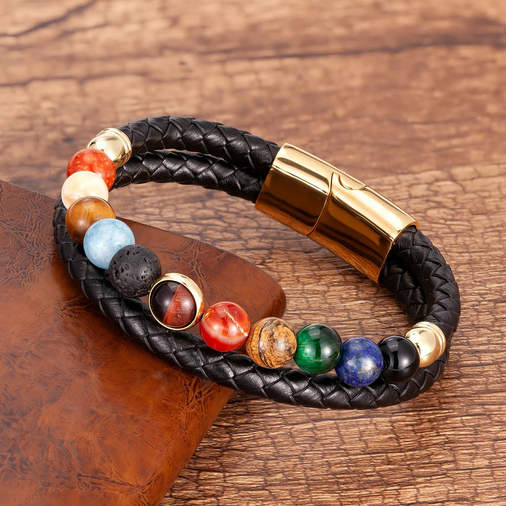 Pulsera de Cuero con Piedras 7 Chakras Hombre Mujer estilo oro a
