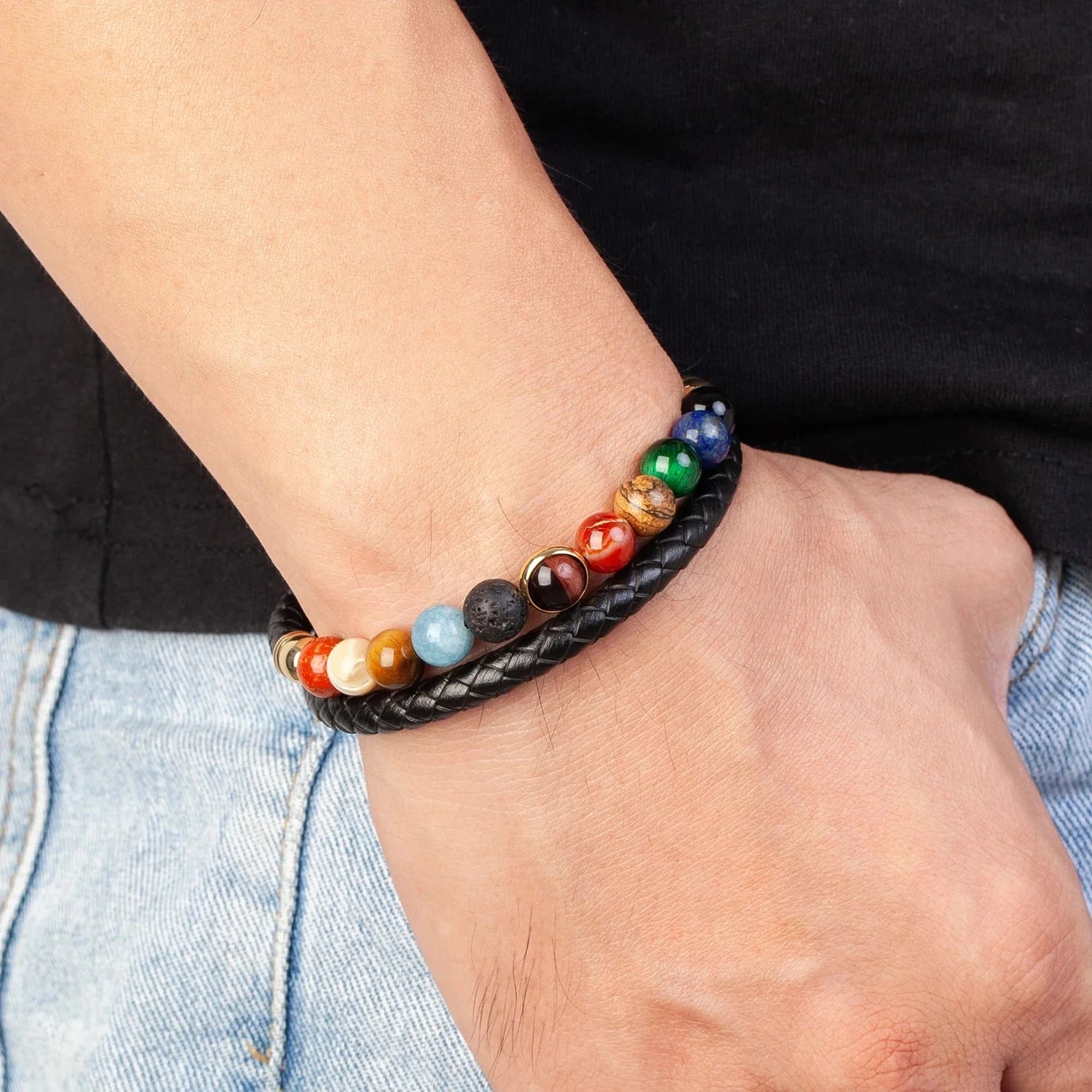 Pulsera de Cuero con Piedras 7 Chakras Hombre Mujer