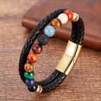 Pulsera de Cuero con Piedras 7 Chakras Hombre Mujer estilo oro b