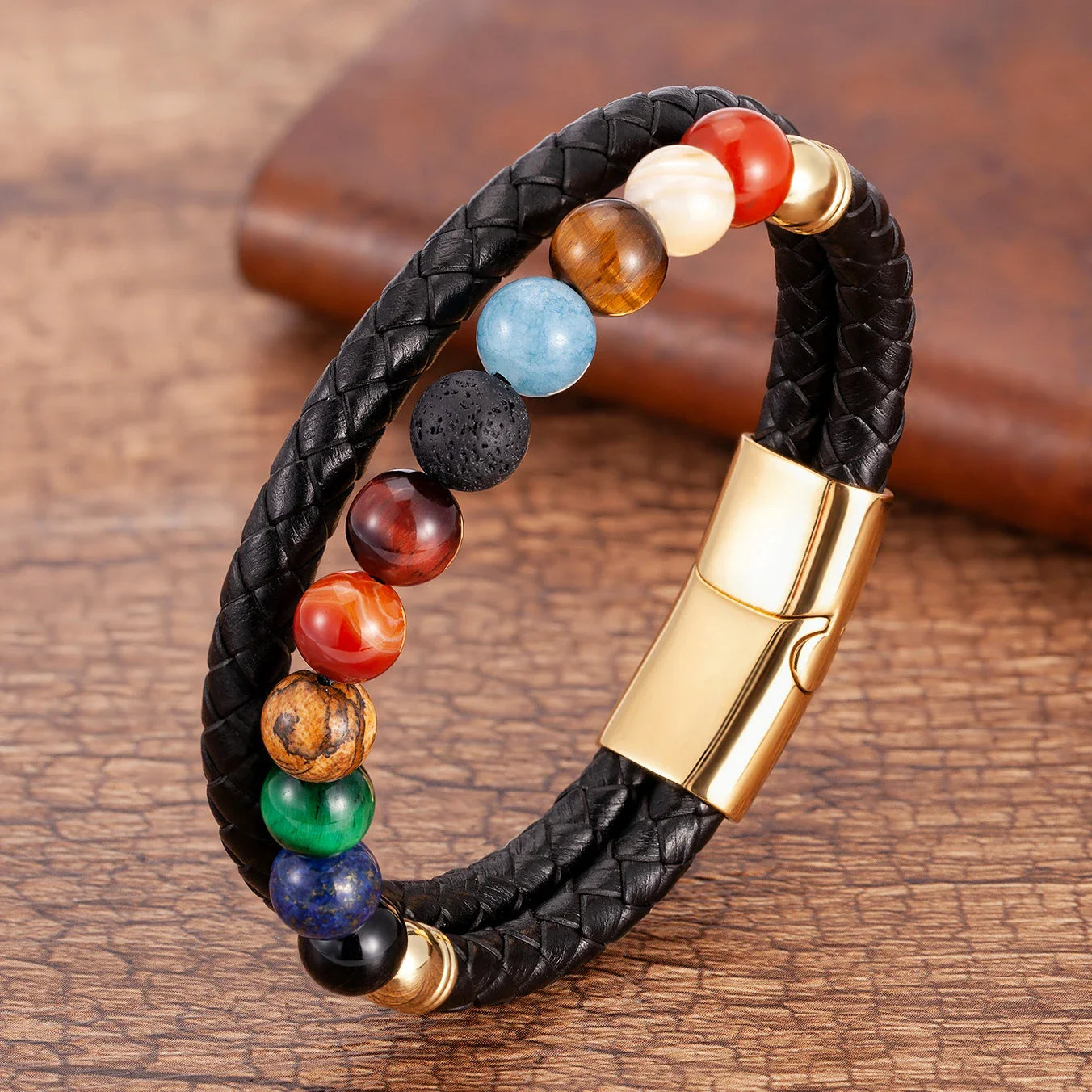 Pulsera de Cuero con Piedras 7 Chakras Hombre Mujer estilo oro b