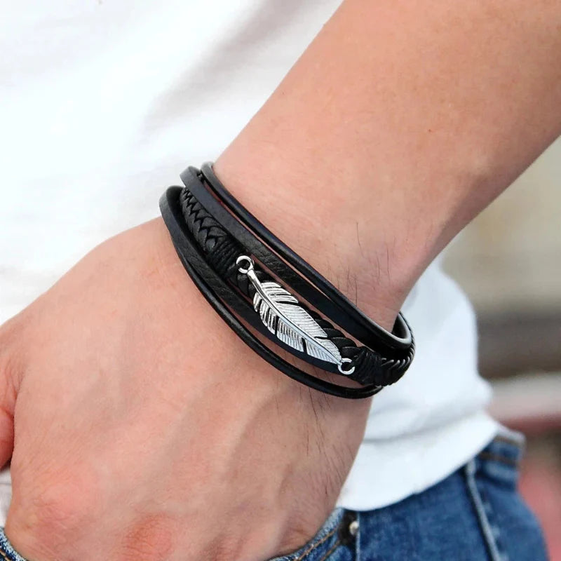 Pulsera de Cuero Pluma Hombre plata