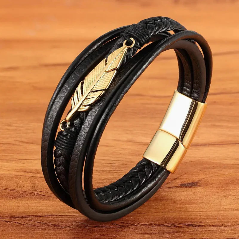 Pulsera de Cuero Pluma Hombre oro