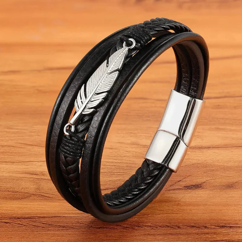 Pulsera de Cuero Pluma Hombre plata