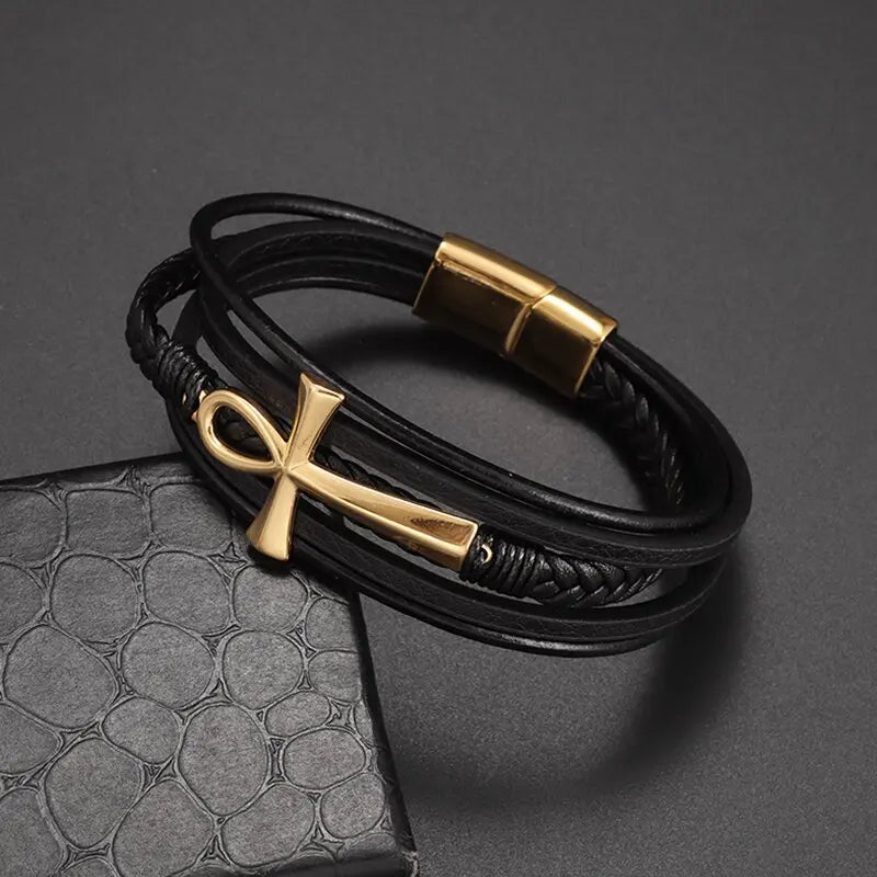 Pulsera de Cuero Trenzado Egipcio Cruz de Ankh oro