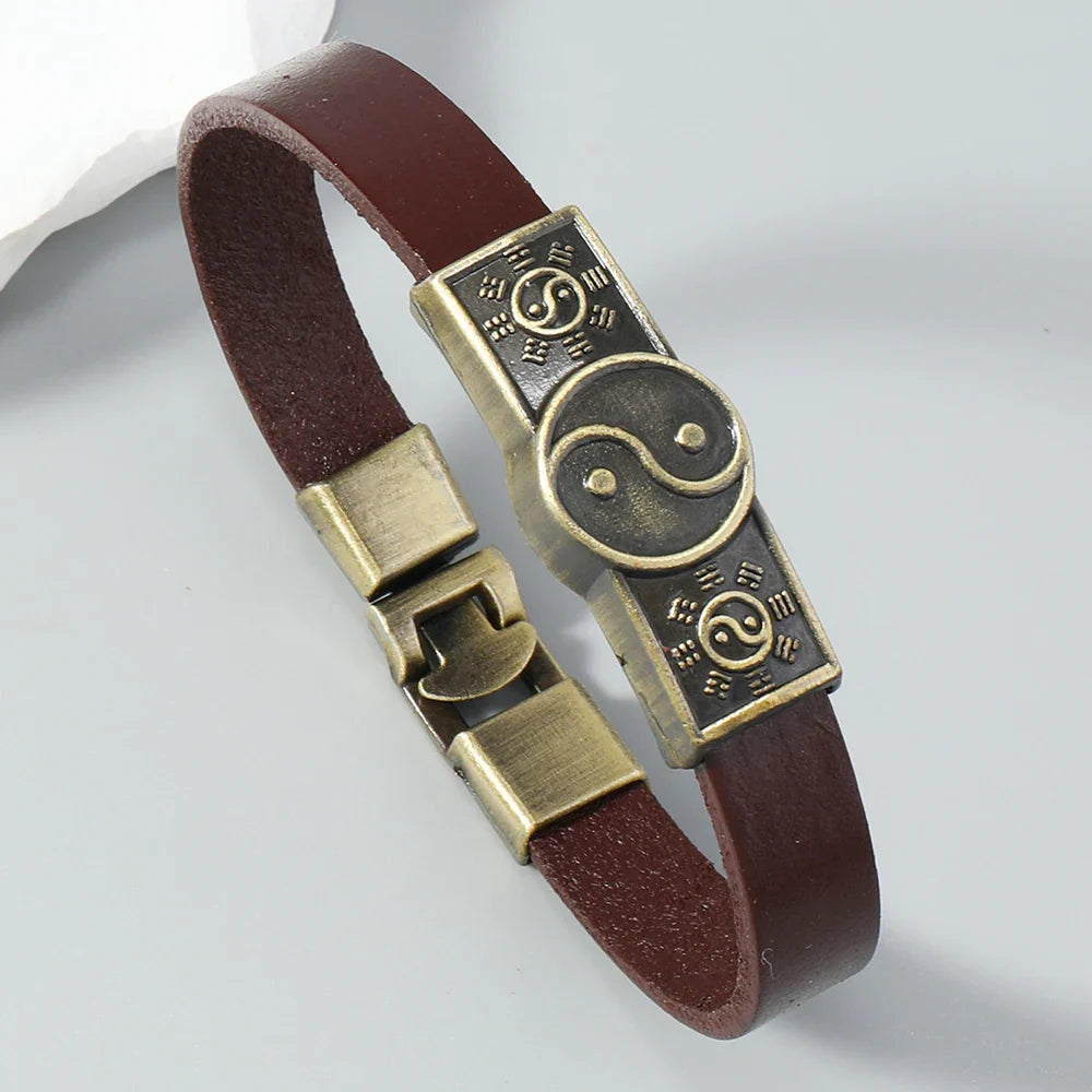 Pulsera de Cuero Yin Yang marrón