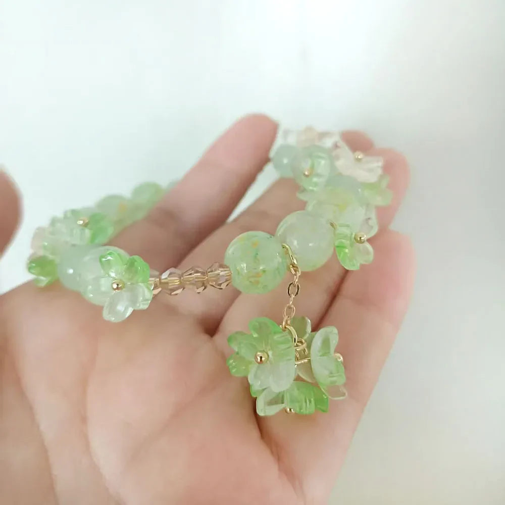 Pulsera de Perlas con Flores verde