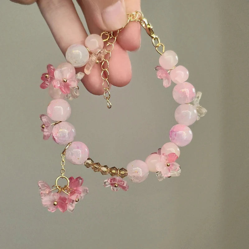 Pulsera de Perlas con Flores rosa