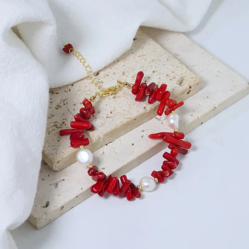 Pulsera de Piedra Coral y Perlas