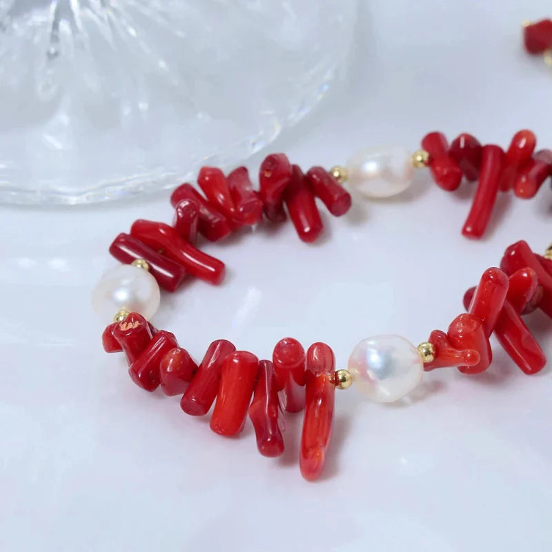 Pulsera de Piedra Coral y Perlas