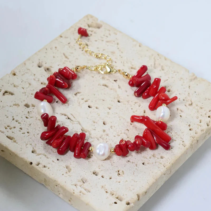 Pulsera de Piedra Coral y Perlas