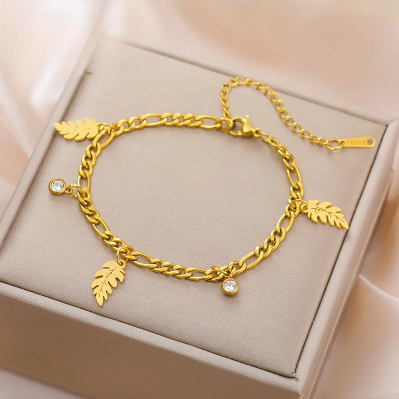 Pulsera Hoja de Palma y Circonio en oro