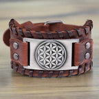 Pulsera Flor de la Vida de Cuero para Hombre marrón con plata