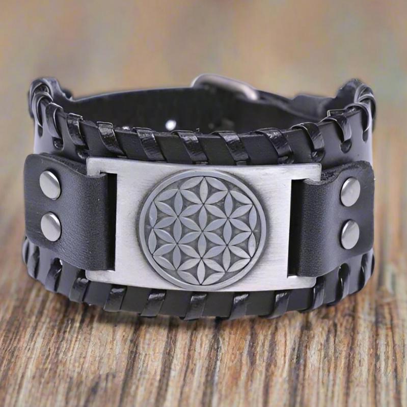 Pulsera Flor de la Vida de Cuero para Hombre negro