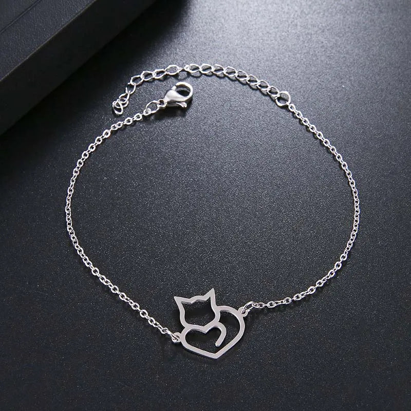 Pulsera Gourmette Gato Corazón plata
