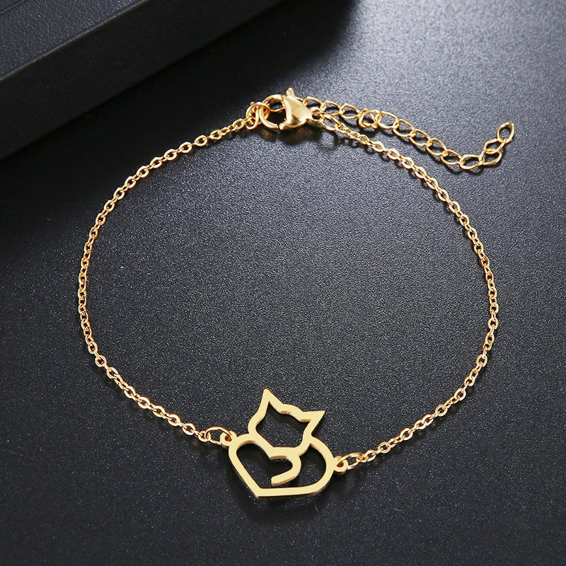 Pulsera Gourmette Gato Corazón oro