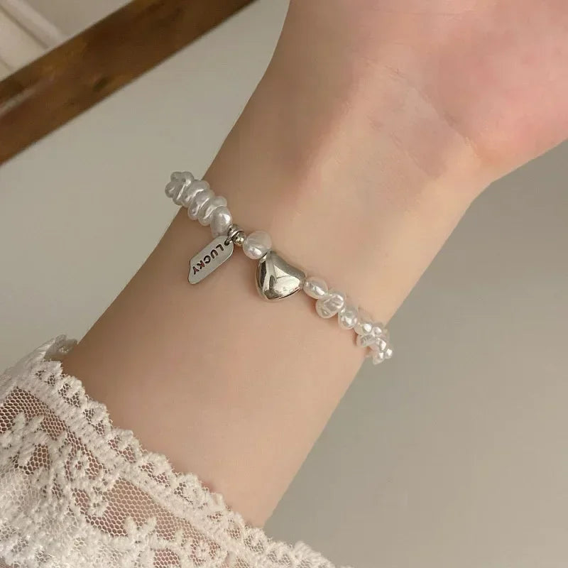Pulsera Gourmette para Mujer con Perlas y Corazón