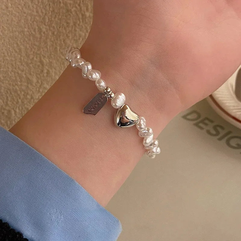 Pulsera Gourmette para Mujer con Perlas y Corazón
