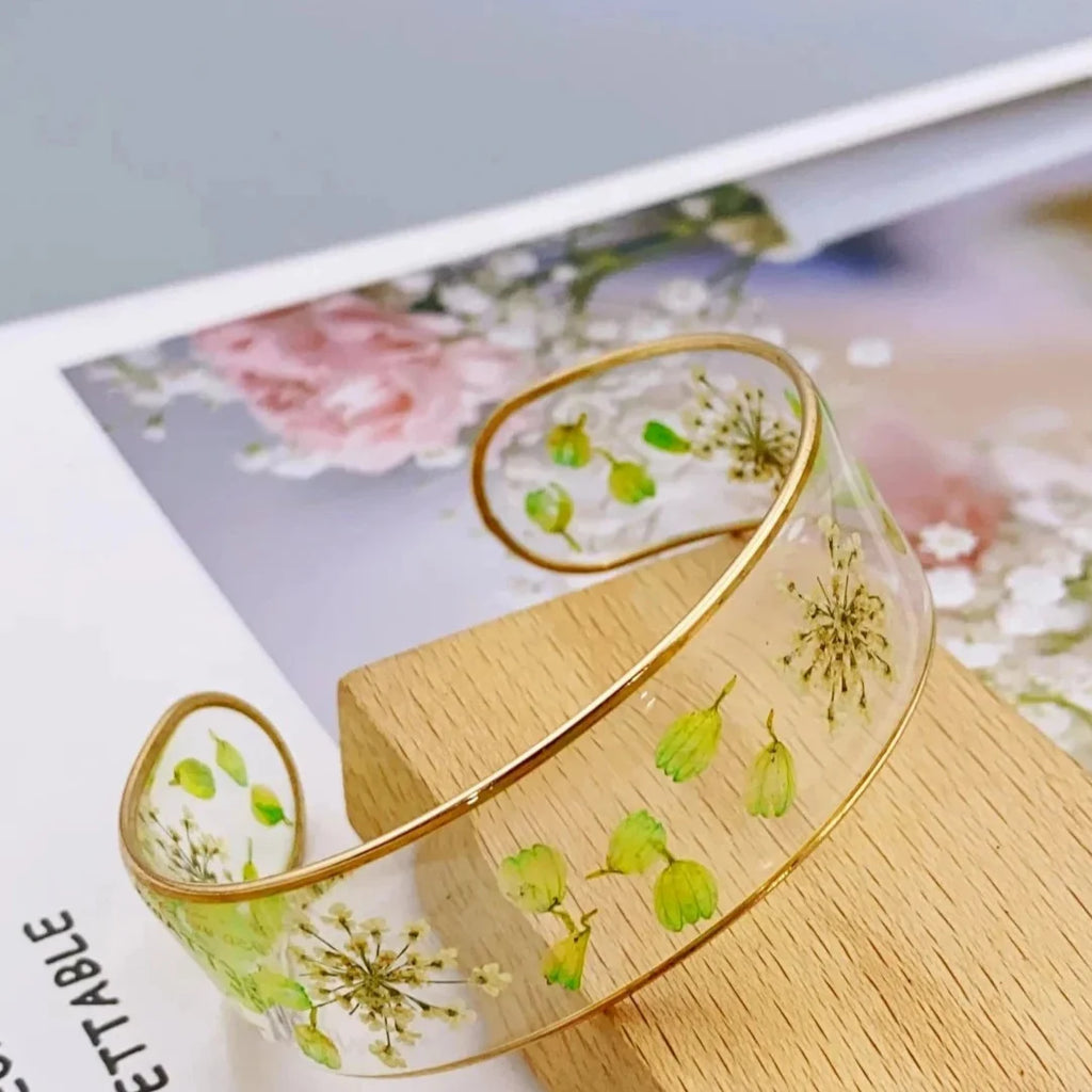 Pulsera Gourmette Flor en Resina Transparente verde a