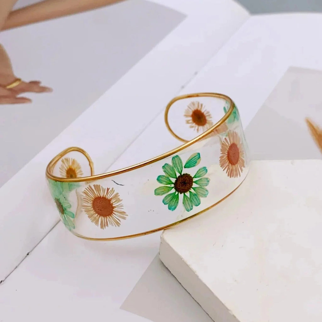 Pulsera Gourmette Flor en Resina Transparente verde b