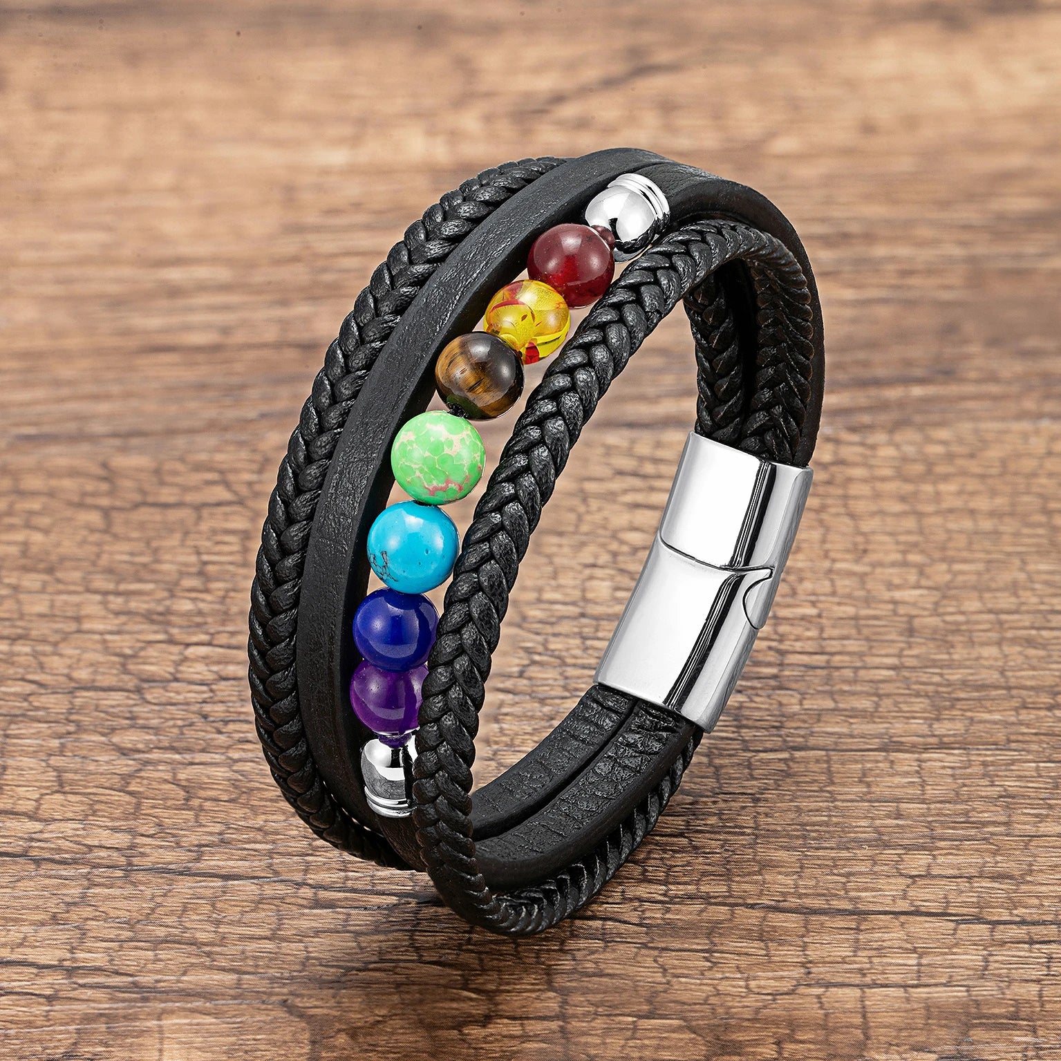Pulsera Hombre de Cuero 7 Chakras plata