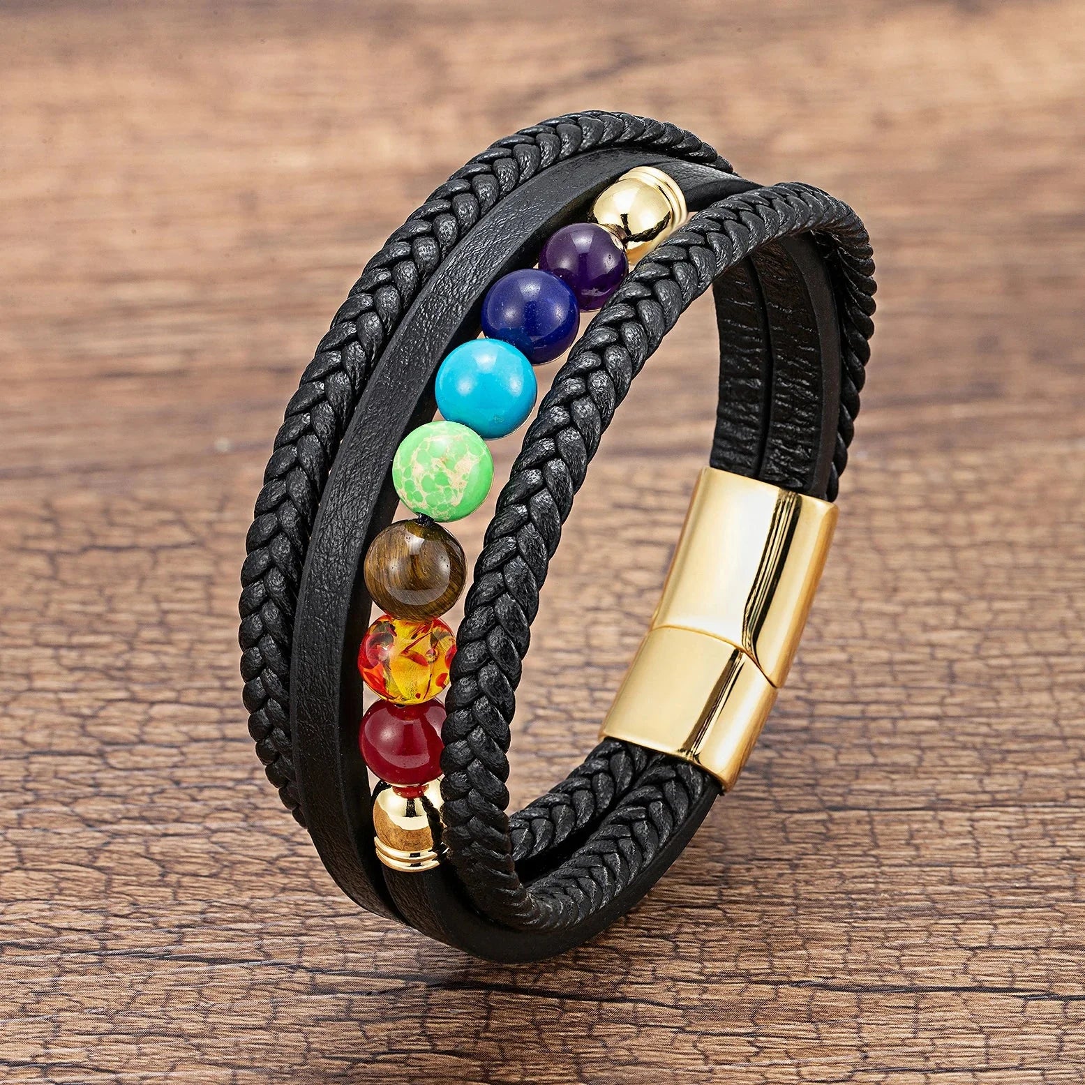 Pulsera Hombre de Cuero 7 Chakras oro