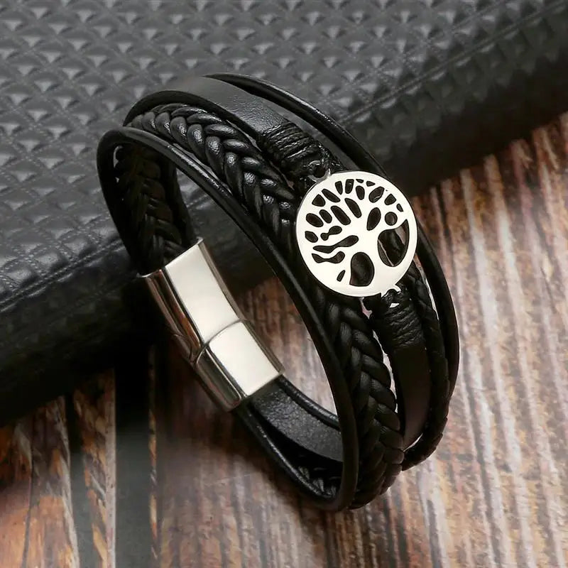 Pulsera Hombre de Cuero Árbol de la Vida estilo 1