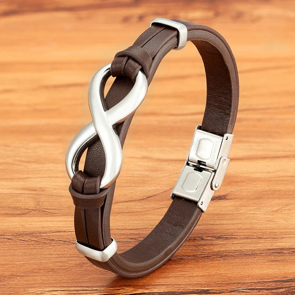 Pulsera Infinito Cuero marrón y plata
