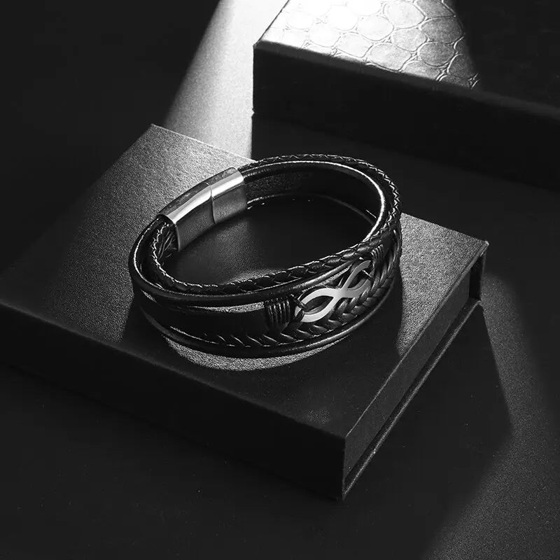 Pulsera Infinito Cuero negro negro y plata