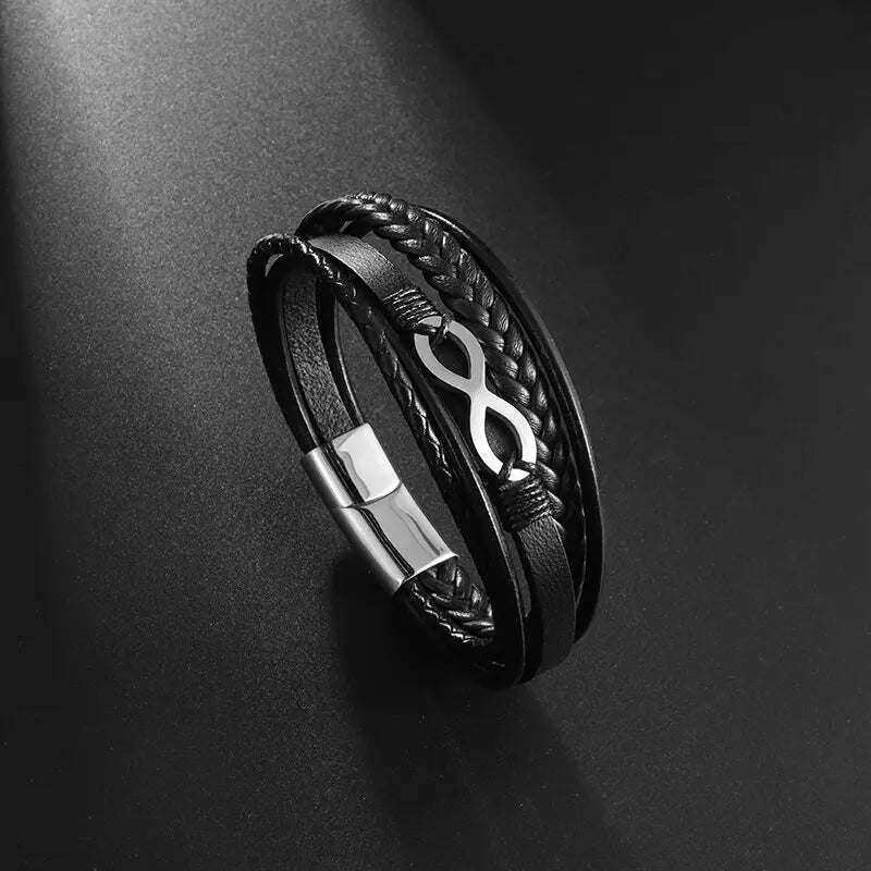Pulsera Infinito Cuero negro y plata